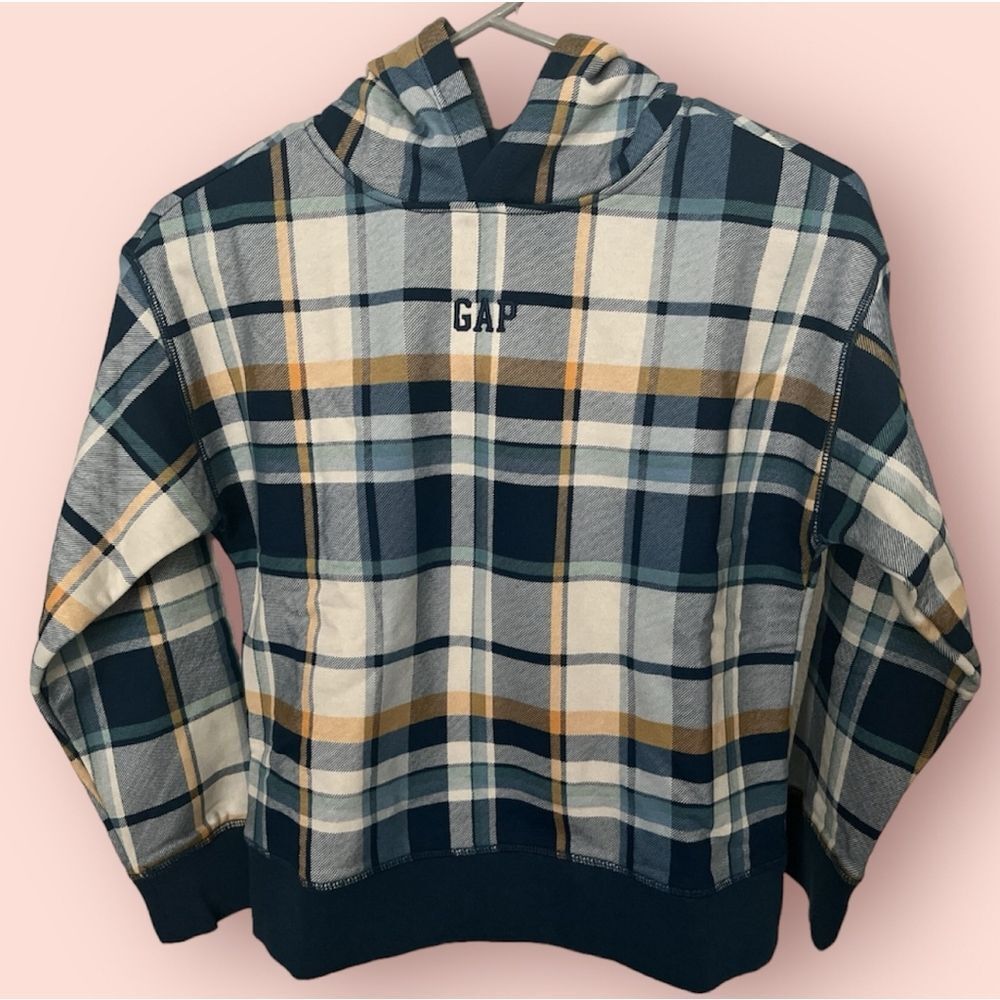 🥳 $28 NWT Boy's Gap Kids Plaid Pullover Hoodie M